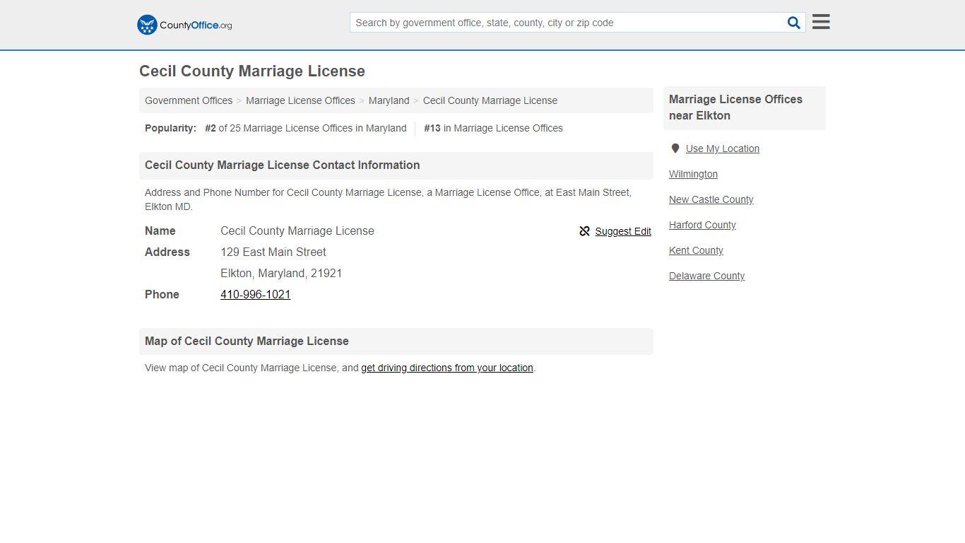 Cecil County Marriage License - Elkton, MD (Address and Phone)