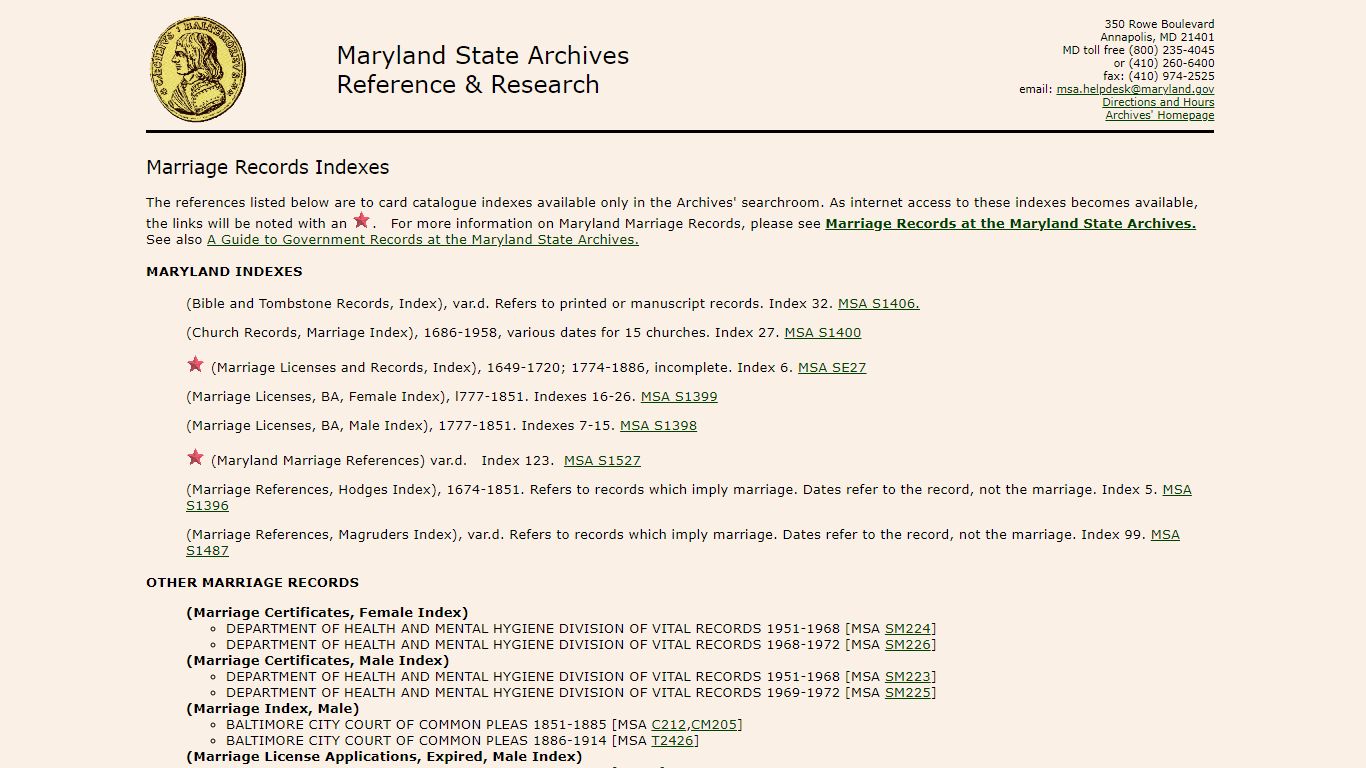 Marriage Record Indexes at the Maryland State Archives